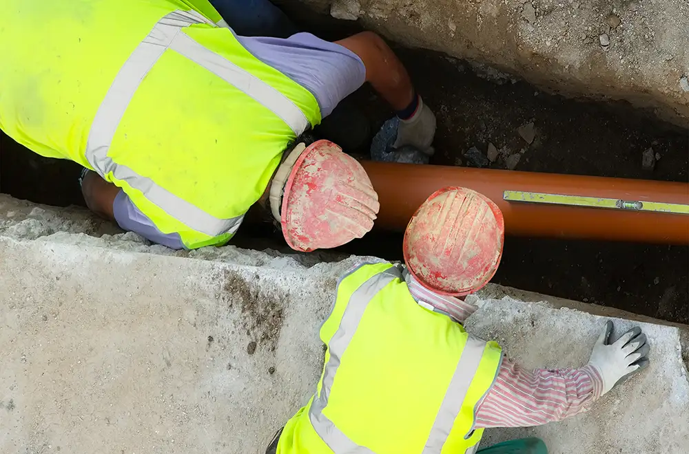 two workers laying a underground water pipe