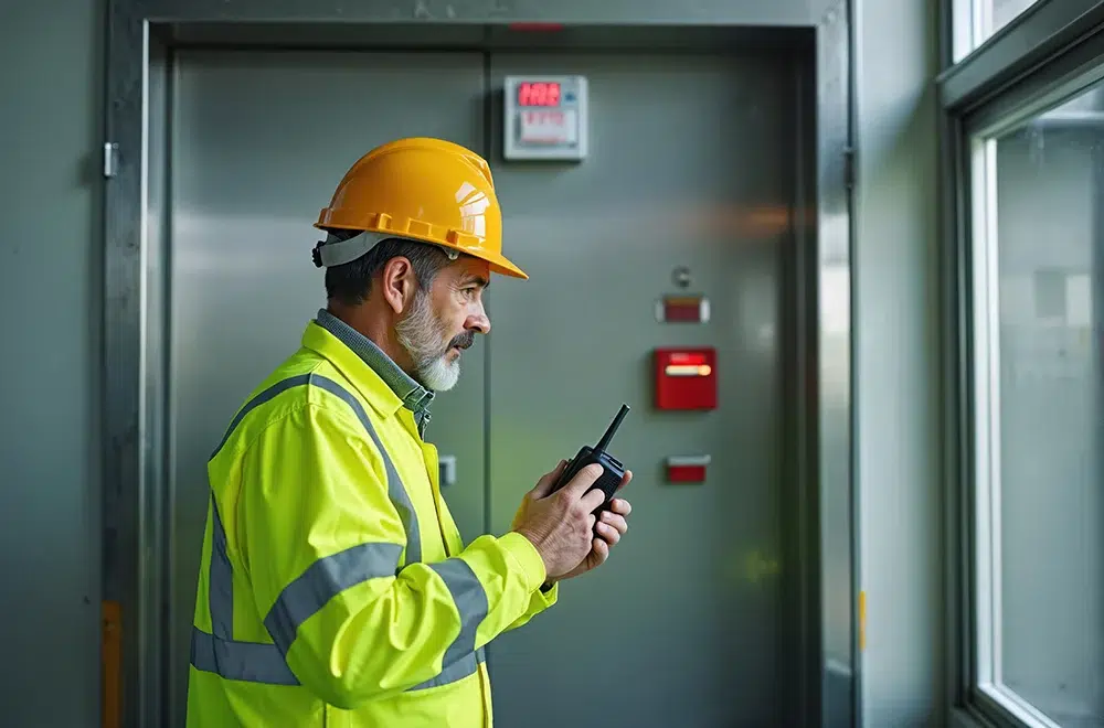 emergency responder talking on a walkie talkie